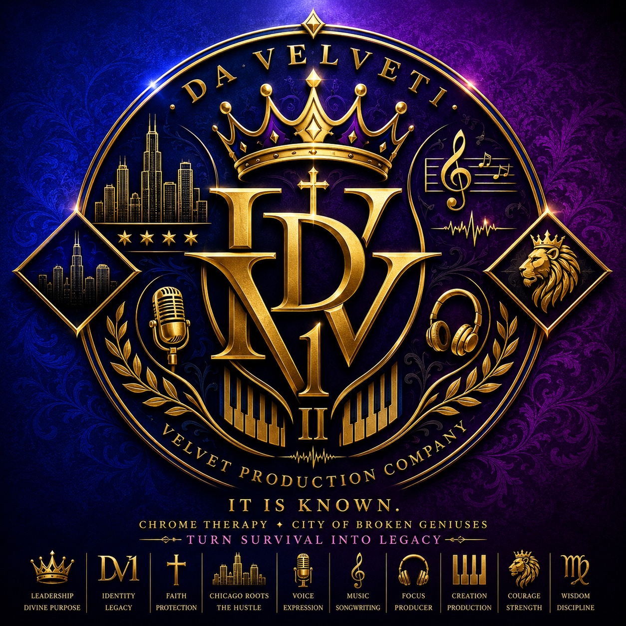 Da Velvet1 and Velvet Production Company gold crest with a crown, Chicago skyline, and music imagery.